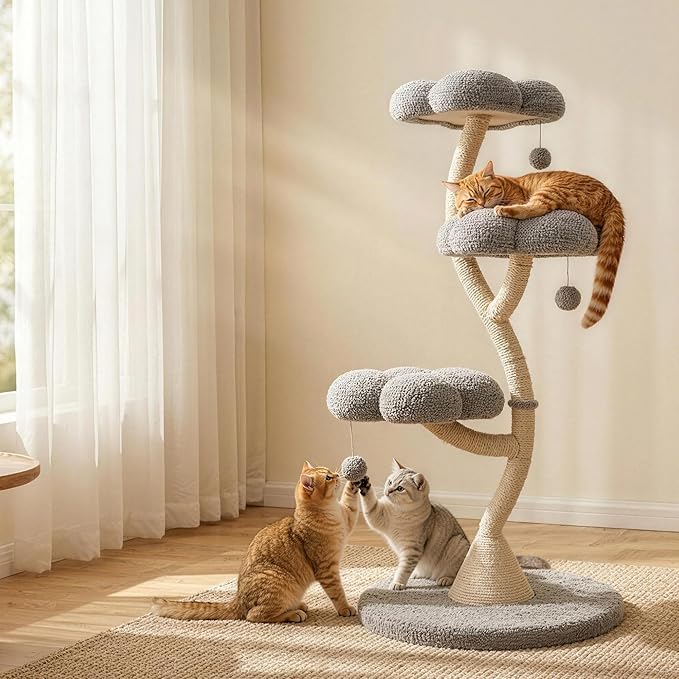 FKWin 48" Tall Cat Tree,Flower Shape Design,Scratching Post Condo,Multi-Level Furniture Activity Center,Kittens Pet House Play with Hang Ball,Plush Cat Tower for Large Cats (Gray-3 Tiers)