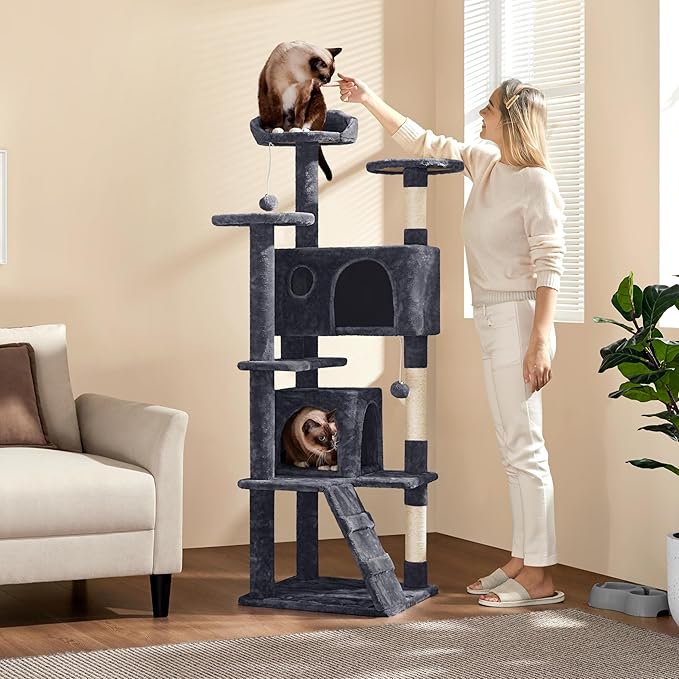 Yaheetech 62in Cat Tree Cat Tower for Indoor Kitty, Pet Furniture w/Double Condo, Scratching Posts, Multiple Platforms and Balls for Kittens, Dark Gray