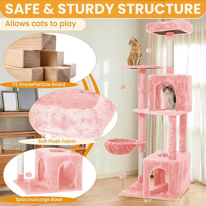 Cat Tree, 54-Inch Cat Tower for Indoor Cats,Plush Multi-Level Cat Condo with Scratching Posts, Basket, Perches,2 Caves,2 Pompoms(Pink)