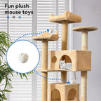 52.5in Cat Tree, Multi-Level Cat Tower with Spacious Kitten-Ear Perch, 2 Cozy Caves, Scratching Posts, Climbing Ladder, Durable Pet House Furniture for Indoor Kittens,Beige