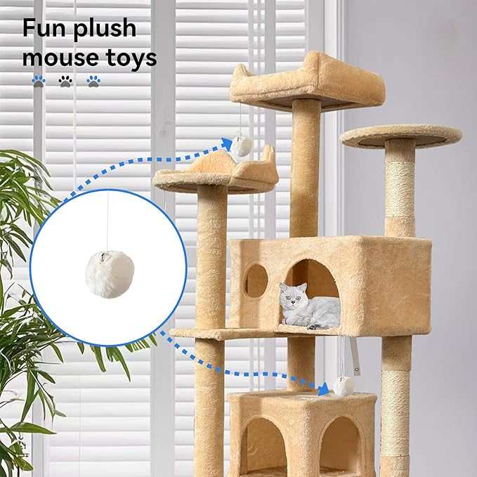 52.5in Cat Tree, Multi-Level Cat Tower with Spacious Kitten-Ear Perch, 2 Cozy Caves, Scratching Posts, Climbing Ladder, Durable Pet House Furniture for Indoor Kittens,Beige