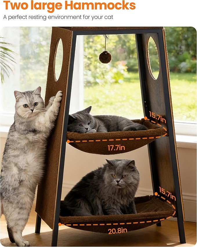 Modern Wood Cat Tree for Indoor Large Cats, 56 Inch Tall Cat Tower with Perch Bed, Multi-Level Trees with 2 Hammock, Cat Condo, Scratching Board, Removable Pads, Cat Furniture, Rustic Brown