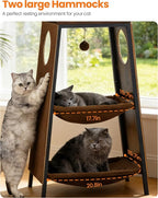 Modern Wood Cat Tree for Indoor Large Cats, 56 Inch Tall Cat Tower with Perch Bed, Multi-Level Trees with 2 Hammock, Cat Condo, Scratching Board, Removable Pads, Cat Furniture, Rustic Brown
