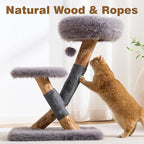 HITTITE Natural Solid Wood Cat Tree Tower with Scratching Post, 32 Inches Tall Modern Cat Tower with Cozy Bed and Platforms, Luxury Real Branch Cat Tree for Indoor Cats Large Adult, Grey.