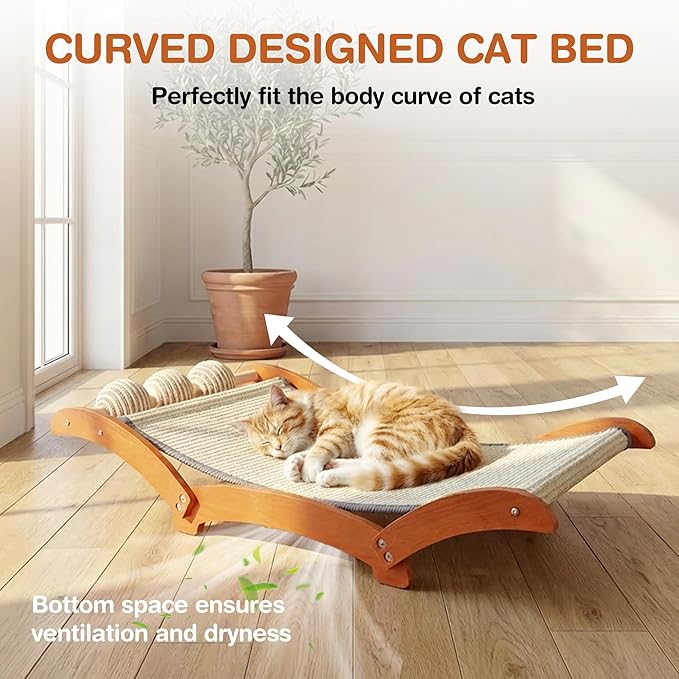 3-in-1 Extra-Large Cat Scratcher Bed with 3 Interactive Sisal Balls, Solid Wood Scratching Post Lounge with Toy, Sturdy Hammock for Large Cats to Sleep, Scratch & Play