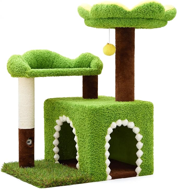 Flower Cat Tree with Cat Condo for Indoor Cats, 29" Cat Tower with Sisal Scratching Post and Top Perch, 3-in-1 Multi-Level Cat Tower for Small Cats and Kittens