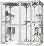 ROOMTEC Outdoor Catio with Roof 71.3" Height Large Wooden Cat Enclosure with 3 Jumping Platforms and 2 Napping Houses Cat Cage for Cat Activity (White)