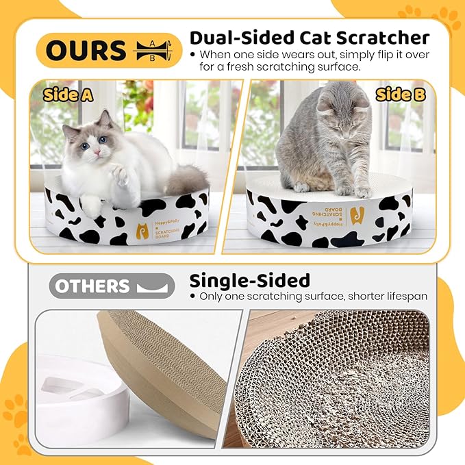 Cat Scratcher Cardboard Bed - Happy&Polly Round Scratching Pad for Indoor Cats Double-Sided Usable Corrugated Cat Beds Furniture Protector Cat Scratch Deterrent - White