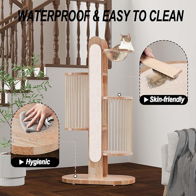 Modern Cat Tree Tower for Indoor Cats, 67" Tall Solid Wooden Cat Tower with Scratching Posts, 6 Level Natural Luxury Cat House, Washable Cushions Cat Furniture for Large Multi-Cat Households White
