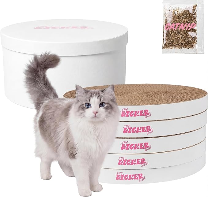 CSR1012G Kate 12 Inch Cardboard Cat Scratcher Pads with Box & Catnip, Reversible Heavy-Duty Scratch Boards for Cats, Furniture Protection, Classic Plain, White, 5-Pack