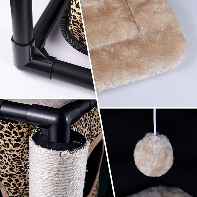 Goetland PVC Modern Cat Condo Cat House Cat Tree Small Cat Tower Bed Scratching Post Dangling Ball Hole for Kitty Indoors Cat Leopard