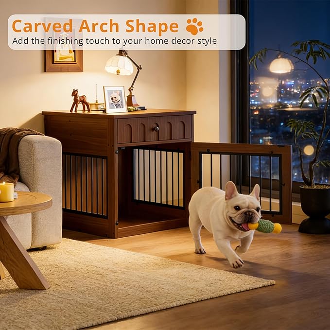 IRONCK Dog Crate Furniture, Wooden Dog Crate with Drawer and Flip-Top Storage, Indoor Dog House End Table for Small Breeds, for Living Room, Bedroom, Walnut