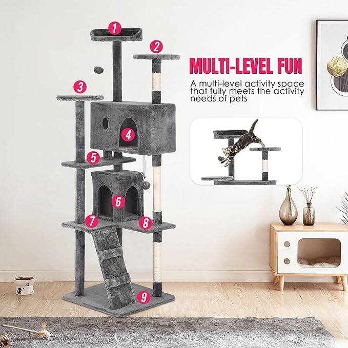 24/7 Shop at Home Court 70 inch Multi-Level Cute Cat Tree Tower with Dangling Ball and Scratching Posts for Indoor Cats Adults, Kitten Supplies, Pet House, Light Gray