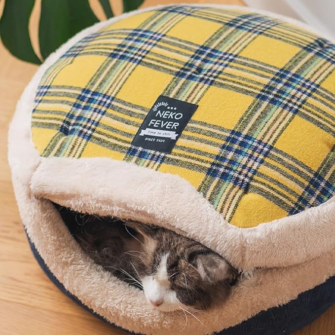Cat Bed Cave – Enclosed Self Warming Hideaway with Detachable Lid & Mat, Covered House for Indoor Kitten & Kitty (Yellow)