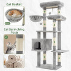 Cat Tree for Indoor Cats, 55.1 inch Cat Tower with 7 Sisal Scratching Posts, Multi-level Cat Condo wit Large Play Platform Furry Ball, Cat Cave, 2 Padded Perches, Basket, Light Gray GCT013W