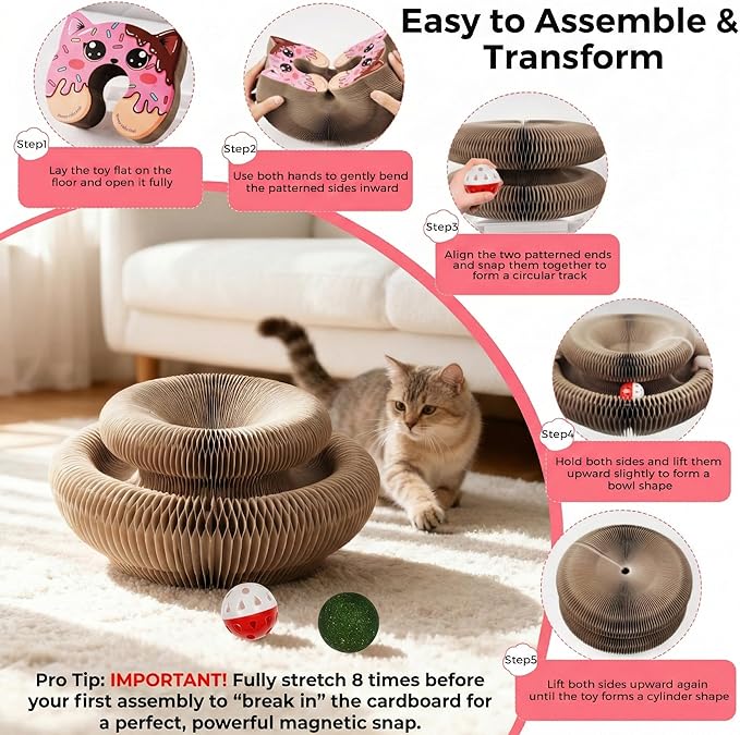 Magic Organ Cat Scratcher Toy, Large Extra-Thick Interactive Foldable Accordion Cardboard Scratching Board with Catnip & Bell Ball, Magnetic Enrichment Toy for Indoor Cats & Kittens