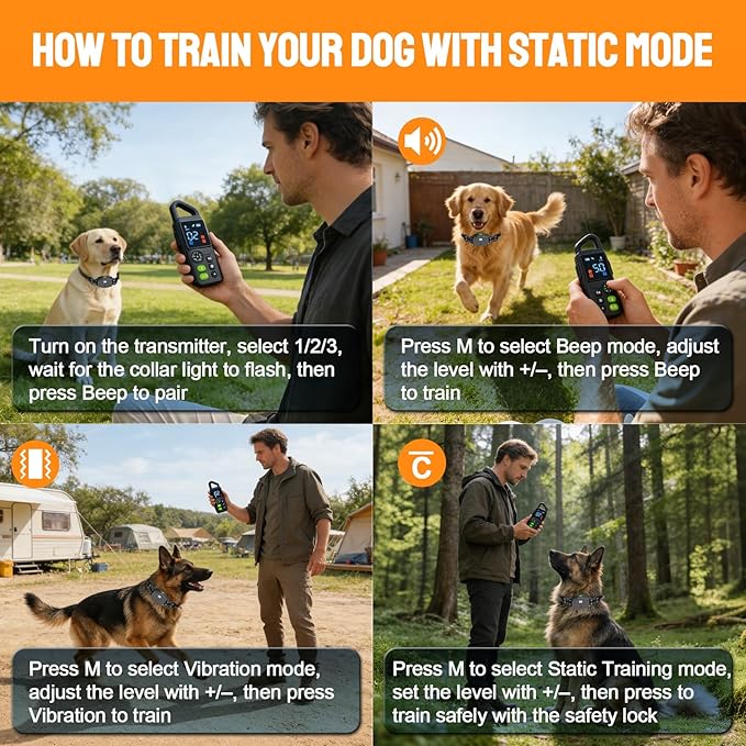 2-in-1 Dog Training Collar & Bark Collar, Safety Lock Remote, Adjustable Beep,Vibration & Shock,990ft Range,IPX7 Waterproof Dog Collar for 3 Dogs,Medium & Large,LED Light,Compass & Carabiner-2 Collars