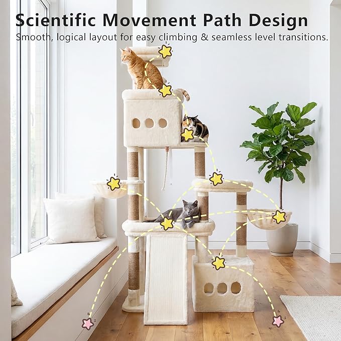 Heybly Cat Tree, 72.4-Inch Anti-Tip Cat Tower for Large Cats, All-in-One Cat Furniture with Spacious Perches, Multiple Interactive Areas, Extra-Large Sisal Scratching Board, Beige HCT060M
