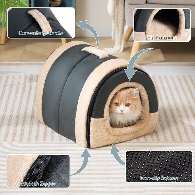 Hollypet Cat Bed Self-Warming 2 in 1 Foldable Kitty Cave Hut House Nest Pet Sleeping Bed, Crystal Velvet Pet Condo for Indoor Cats, Dark Gray Arched Cave