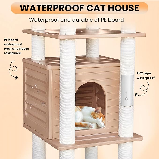 62” Tall Cat Tree for Outdoor and Indoor Cats, Weatherproof Large Outdoor Cat Condo with Scratching Posts