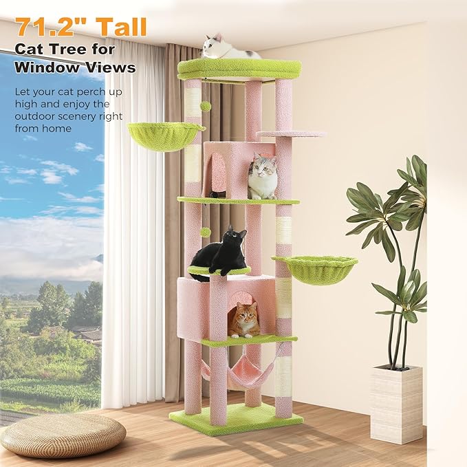 Flower Cat Tree for Large Indoor Cats, 71.2-Inch Tall Multi-Level Cat Tower with Scratching Posts, 3 Soft Hammocks, 2 Large Condos, Super Big Perch & Pompoms for Multi-Cat Households, Pink