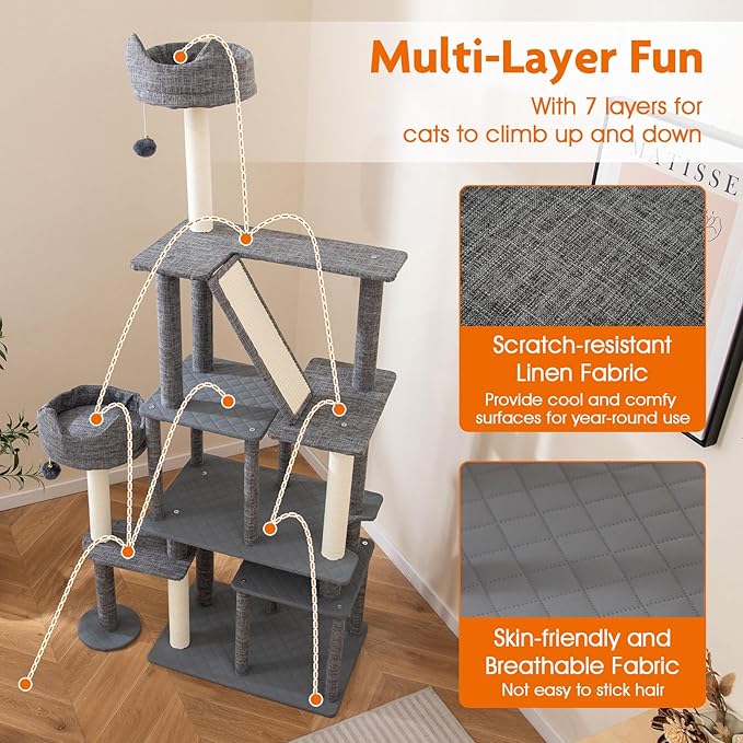 Tangkula 71 Inch Tall Cat Tree, Multi-Level Large Cat Tower with Scratching Posts & Sisal Board & Ladder, 2 Removable Condos, Perch, Bed, Dangling Balls, Modern Linen Fabric Cat Tree for Indoor Cat