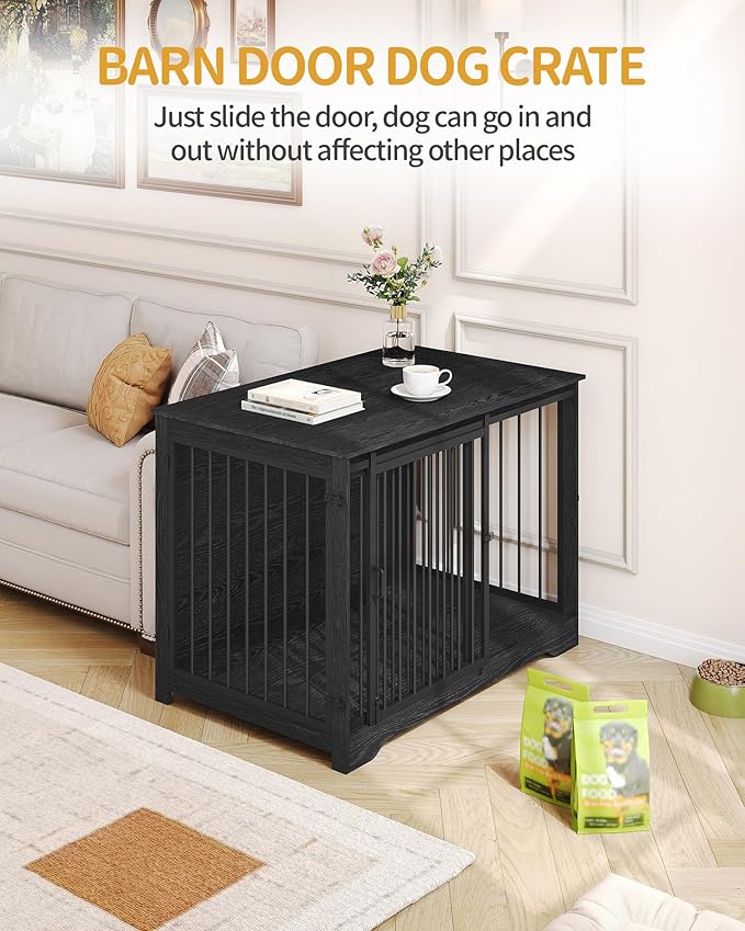 43.3" Dog Crate Furniture with Barn Door, Heavy Duty Dog Kennel Indoor with 2 Doors, Wooden Pet Cage End Table for Large Small Medium Dogs, Anti-Chew Anti-Escape, Black DFC92304B