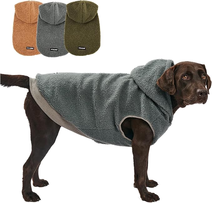 Tuff Pupper Fleece Dog Hoodie Sweater | Teddy Sherpa Outer & Soft Polar Fleece Lining | Adjustable Fit Winter Coat with Hood, Leash Hole, Ribbed Cuffs | for Small Medium Large XL XXL Dogs (Grey, XL)