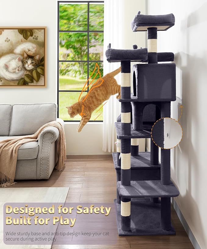 Heavy Duty Cat Tree for Indoor Cat, 71 Inch Large Cat Tower with Scratching Post and Top Perch, Hammock, Big Cat Condo for Adult Cats Kittens, PMT03DG, Dark Grey