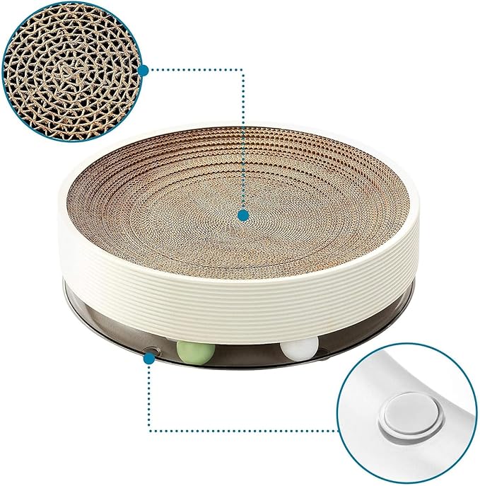 3-in-1 Cat Scratcher Toy with Track Ball, Round Cardboard Cat Scratcher Lounge & Bed, Interactive Cat Toy for Indoor Cats, Durable Scratching Pad with 2 Spinning Balls
