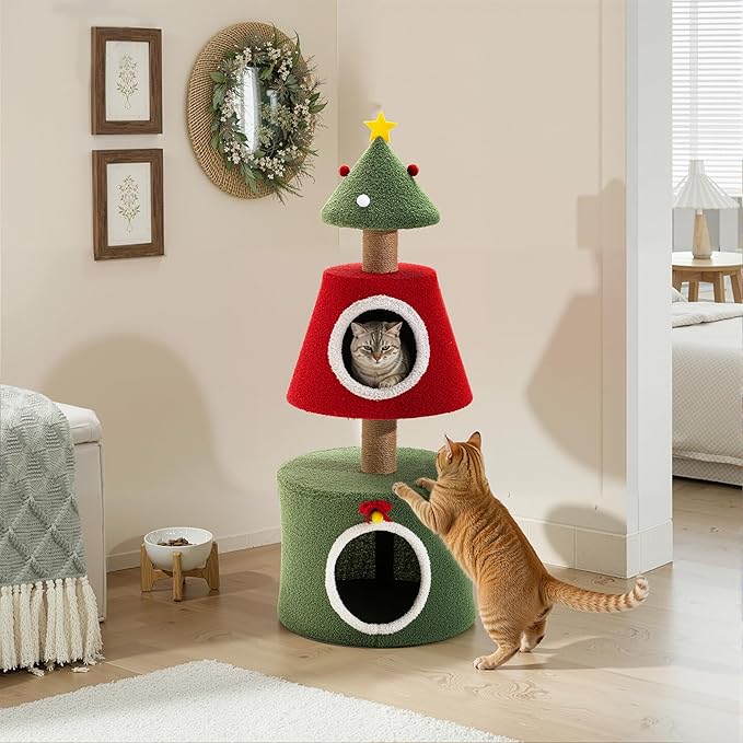 AQUILLA 39.8in Christmas Cat Tree Tower for Indoor Cats, Multi-Level Cat Condo with Sisal Scratching Posts, Cozy Hideaway & Top Perch, Red & Green Holiday Pet Play House for Kittens and Small Cats