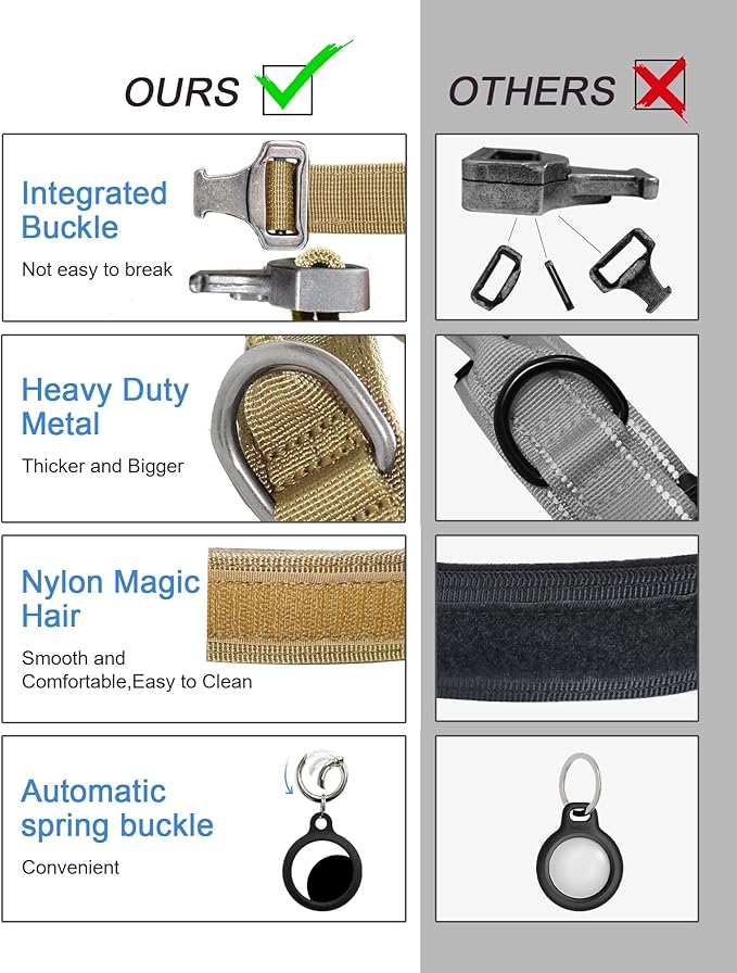 Hotsky Tactical Dog Collar, Adjustable Military Training Nylon Airtag Collar with Handle and Heavy Duty Metal Buckle for Medium Large Dogs, with Airtag Holder and Two Patches（Brown,M）