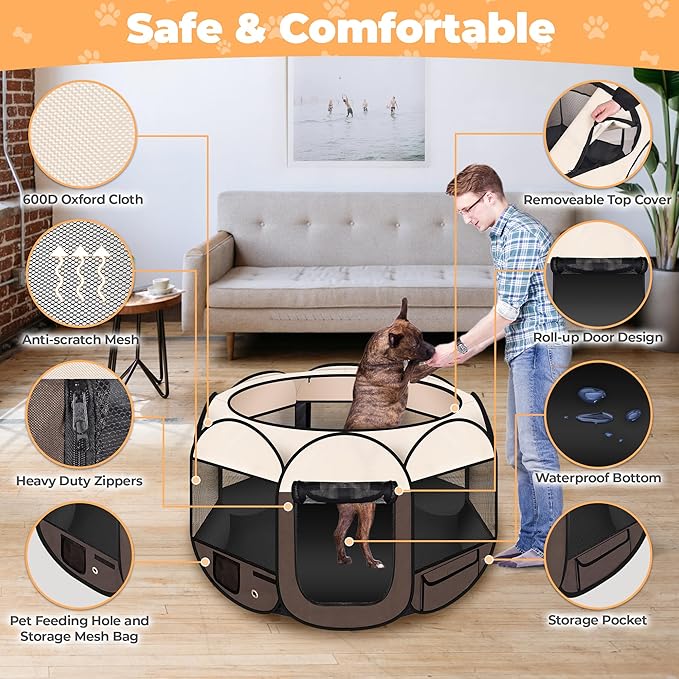 Dog Playpen 36", HOMAGICO Pet Playpen for Indoor Cats Enclosed, Portable Dog Cage Outdoor Tent Crate with Carrying Case,Water-Resistant and Removable Shade Cover,Brown