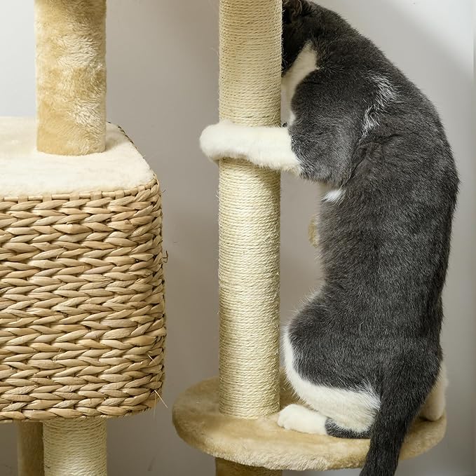 PawHut 38" Cat Tree for Indoor Cats, Cat Tower with Scratching Posts, Ramp, Condo, Toy Balls, Platform, Bed, Ramp, Beige