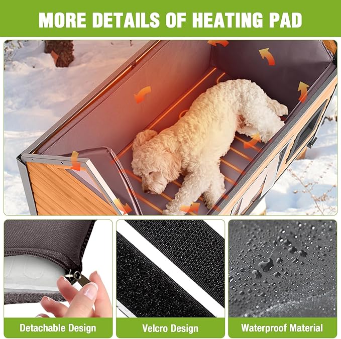 GUTINNEEN Heated Dog House Outdoor Insulated Dog Shelter with Metal Frame and Weatherproof Design, Wooden Dog Kennel for Outside, Puppy Cage for Winter Indoor