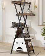 Modern Wood Cat Tree Tower for Indoor Cats Large Adult - 67 Inch Tall Multi-Level Heavy Duty Cat Condo Trees Furniture with Caves Perch Bed Scratching Board -XL Big Wooden Kitty House