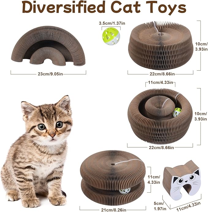 Qoosea Kitty Kurlz Indoor Cat Toy, Cat Paw-Shaped Accordion Cat Scratcher with Bell Ball & Magnetic Design, Made of Corrugated Cardboard and Sturdy