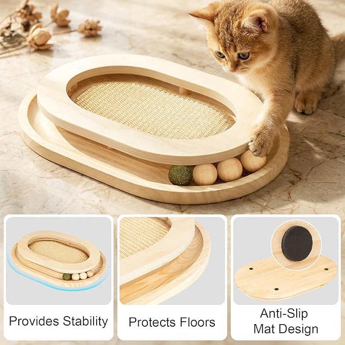 Cat Scratcher, Natural Sisal Cat Scratcher Pad & Interactive Kitten Toy with Ball Track and Catnip Ball for Indoor Chasing, Hunting, Mental and Physical Exercise, Puzzle for Small Cats