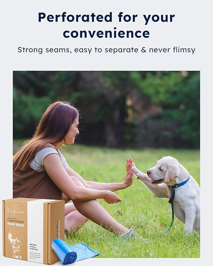 Wooflinen Unscented Compostable Dog Poop Bags – Leak-Proof Dog Poop Bags Rolls – Large 9x13”, Durable, Easy Tear – Made from Plant-Based Materials – For Big & Small Dogs – 720 Count (48 Rolls)