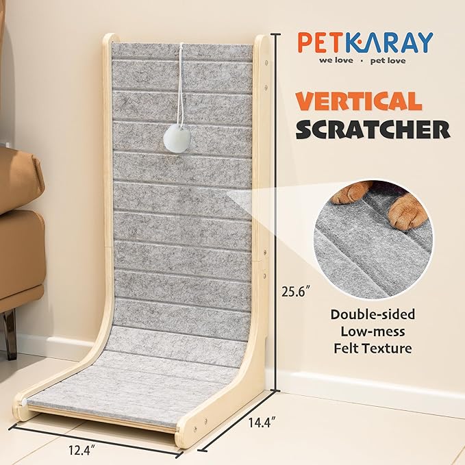 PETKARAY Felt Cat Scratcher, Vertical Cat Scratching Pad, Scratch Resistant Couch Carpet Scratcher, Slot-Free Scratch Board with Toy Ball, Light Grey