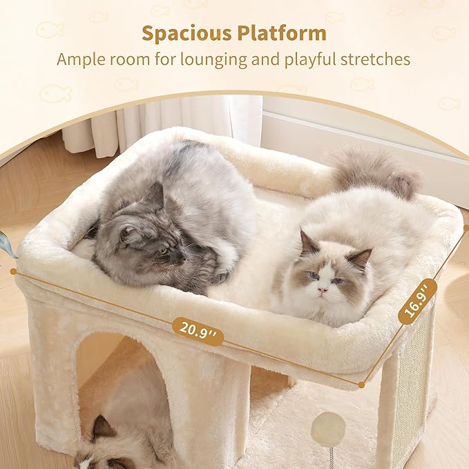 Heybly Cat Tree, 14 inch Cat Tower with Large Perch Bed and Cat Condo for Indoor Cats Large Adult, Cat House with Scratching Posts and Interactive Spring Balls for Your Kittens, Beige HCT203SM