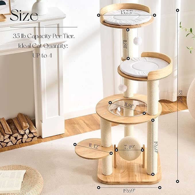 797Audio Modern Solid Wood Cat Tree Tower, 49" Tall Cat Tree with Sisal Scratching Posts for Adult Cats, Luxury Natural Oak Wooden Cat Tower,Aesthetic Multi-Level Cat Climbing Tree for Indoor Cat