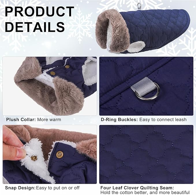 BEAUTYZOO Winter Dog Coat with Harness Built in, Warm Dog Puffer Jacket Vest Padded Fleece Cold Weather Coats Windproof Waterproof Snow Jackets Clothes for Small Medium Puppy, Blue S