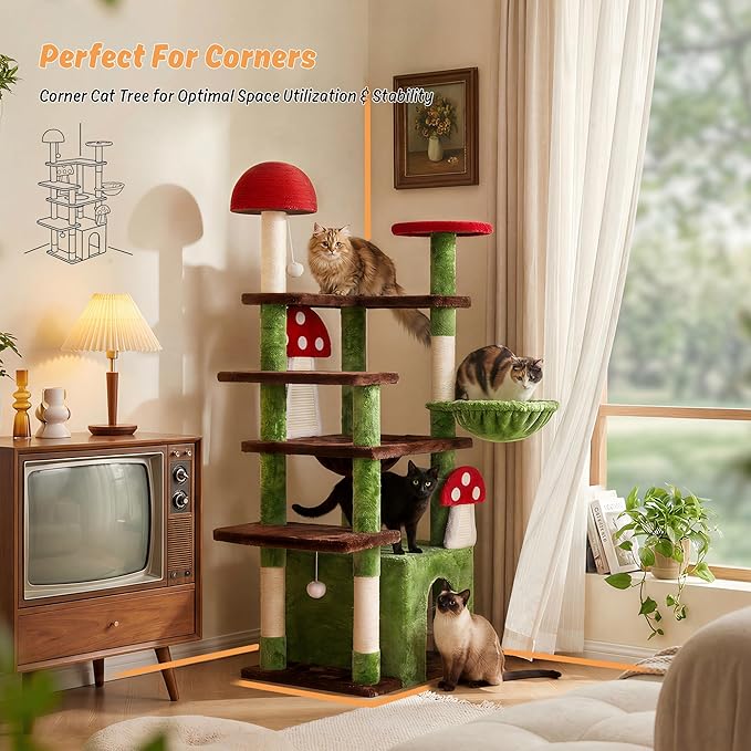IRONCK Mushroom Cat Tree for Indoor Cats, 58" Multi-Level Cat Tower with Scratching Posts, Anti-Tip Extra Wide Base, Plush Cat Condo & Hammock Furniture for Cats, Easy Assembly
