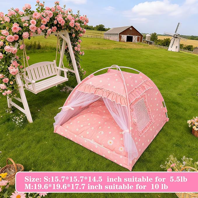 Cat Princess Indoor Tent House - Dog House Indoor/Outdoor Lace Mesh Breathable Windows Door Curtains Removable Portable Cave Nest Bed Bunny and Puppy (Pink, m)