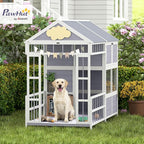 PawHut Dog House Outdoor Indoor, 79" x 41" x 63" Wooden Dog Shelter with Porch, Storage Cabinet, Weatherproof Roof, Elevated Floor, Air Vents & Observation Windows, Large Pet Shelter for Large Breeds
