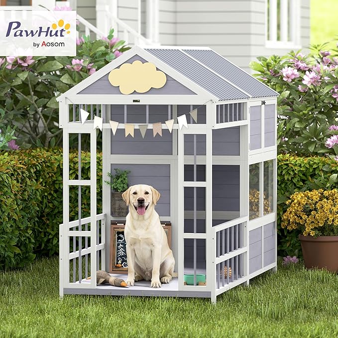 PawHut Dog House Outdoor Indoor, 79" x 41" x 63" Wooden Dog Shelter with Porch, Storage Cabinet, Weatherproof Roof, Elevated Floor, Air Vents & Observation Windows, Large Pet Shelter for Large Breeds