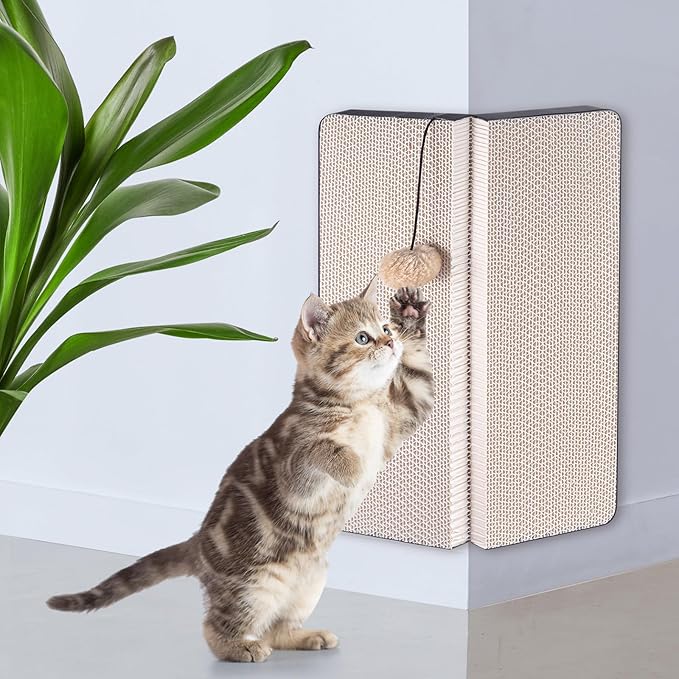 Aliceset 2 Pack 17.25 x 13 Inch Self Adhesive Wall Mounted Cat Wall Corner Scratcher Pad for Indoor Cat Kitten Scratcher Cardboard for Protector Furniture Couch Sofa with Ball Toy and Adhesive Tapes