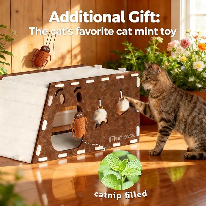 2-Story Large Cat Condo for Indoor Cats with Catnip Toy, Felt Cat Cave House with Scratching Tunnel, No-Tool Assembly Warm Silent Cat Bed for Multi-Cat Households, Durable and Washable, Coffee