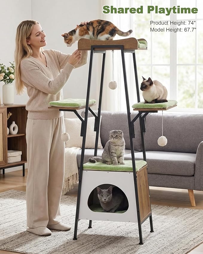 46-Inch Modern Cat Tree Tower for Large Cats, Multi-Level Cat Tower with Playful Toy Balls, Large Perch, Cat Condo, Removable Pads, Green